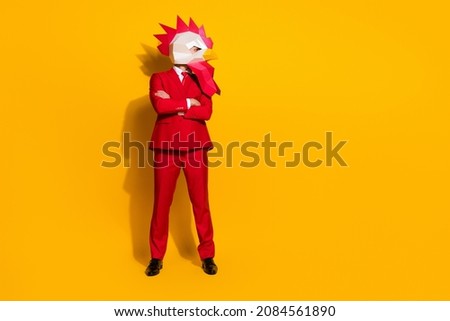 Photo of charismatic unusual employee crossed arms wear rooster mask red tux isolated yellow color background