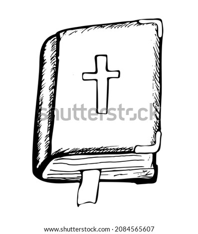 Holy Bible with crucifix. Scripture. Religion, church, Bible study concept. Vector Illustration in doodle style.