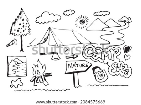 Hand drawn camping and hiking elements, isolated on white background.Camping Doodle Icons Sketch Hand Made.