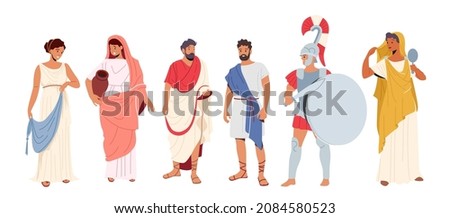 Roman People in Traditional Clothes, Ancient Rome Citizen Male and Female Character in Tunic and Sandals Historical Costumes, Gladiator Isolated on White Background. Cartoon Vector Illustration Royalty-Free Stock Photo #2084580523