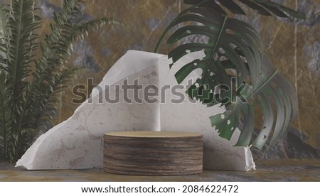 marble texture table and green leaf wall product display background.3d perspective studio photography stand.banner mokc up space for showcase product.empty countertop.ecology friendly concept.