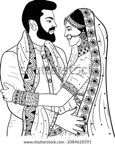  INDIAN WEDDING SYMBOL INDIAN GROOM AND BRIDE BLACK AND WHITE LINE DRAWING CLIP ART. INDIAN WEDDING CLIP ART SYMBOL