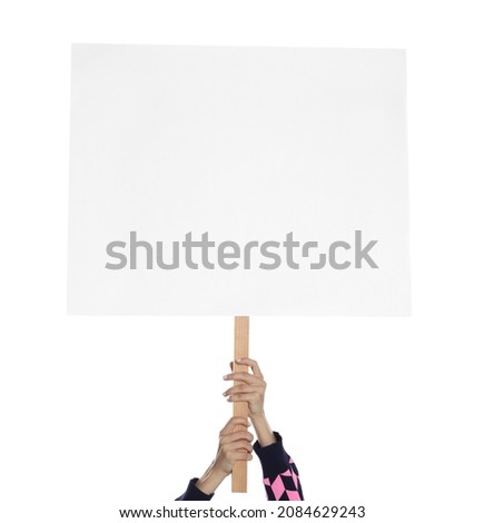 Woman holding blank sign on white background, closeup