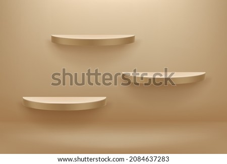Gold luxury interior with three shelves on yhe wall. Realistic 3d style vector illustration  Royalty-Free Stock Photo #2084637283