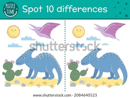 Prehistoric find differences game for children. Jurassic period educational activity with funny dinosaur. Printable worksheet with dino, cactus, sun. Cute ancient animal puzzle for kids
