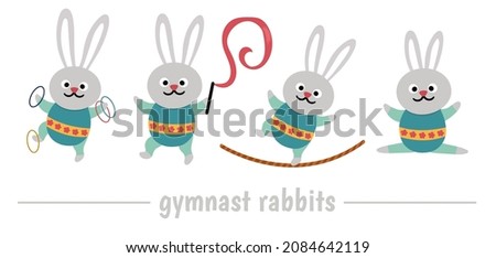 Vector set with gymnast rabbits with hula hoop, tightrope, ribbon. Cute funny animal acrobat. Circus or sport artist clipart. Amusement holiday icons pack. Festival character clip art
