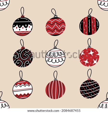 Seamless pattern with black-white-red christmas balls in cute doodle style on a pink background. New Year and Christmas illustration background