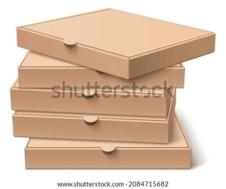 Closed pizza packs. Blank cardboard box in stack. Realistic mockup