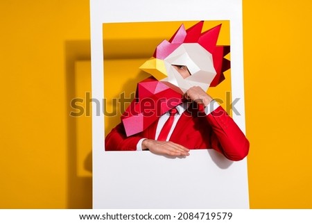 Photo of minded pensive guy in snapshot picture look empty space wear cock mask red tux isolated yellow color background