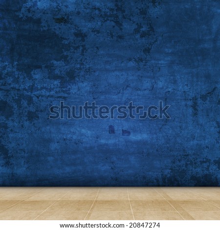 Dimensional room with a blue grunge wall, and tile flooring.
