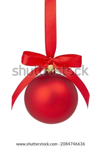 Red Christmas ball with red ribbon isolated on white background