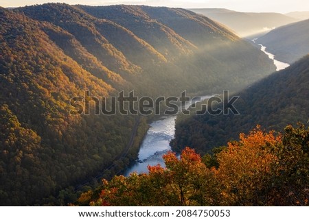Sunrise On The Appalachian Mountains and The New River Gorge From The Grandview Overlook, New River Gorge National Park, West Virginia, USA Royalty-Free Stock Photo #2084750053