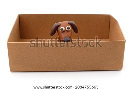 Plasticine puppy in a box isolated on a white background.