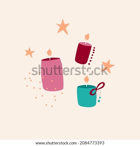 Set of composition of candles and stars. For background, postcard, flyer, holiday cover.