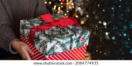 Woman holding large christmas gift box web banner