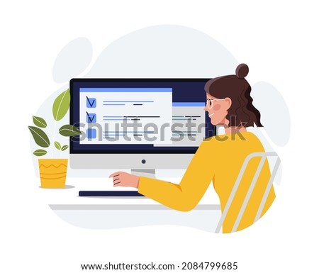 Woman filling form. Character sitting at computer. Freelancer or coworker, employees workplace. Girl provides her data to company, authorization or registration. Cartoon flat vector illustration Royalty-Free Stock Photo #2084799685