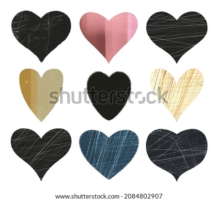 Set of nine hearts with textures. The collection includes: dark and light scratched film. Flat angular shapes. Perfect for design.