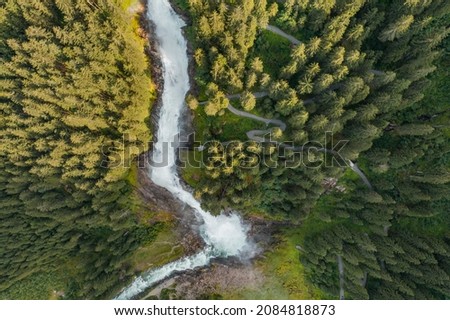 Aerial view of the krimml waterfalls in austria (Krimmler Wasserfälle). Austria's highest waterfall Krimml