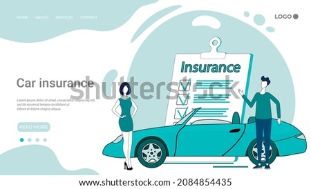 Car insurance.People on the background of a car and a contract, the concept of transport safety from accidents.An illustration in the style of a landing page in green.