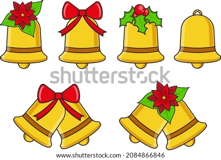 Christmas bells set with bow, mistletoe and flowers