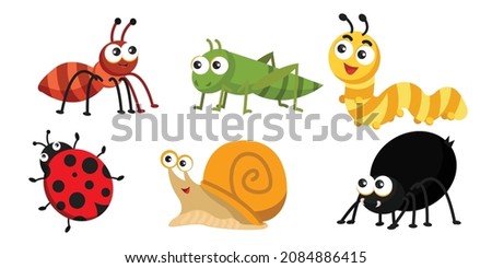 insects species icons colorful cute cartoon sketch. Set of cute and funny bugs