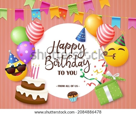 Birthday greeting vector template design. Happy birthday to you text with colorful celebrating elements and smiley faces for birth day party celebration card messages. Vector illustration.
