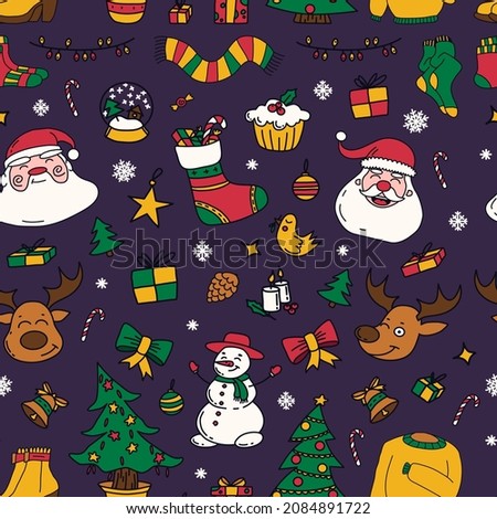 new year drawings icons, large set of festive clip-art graphics. Christmas seamless pattern.