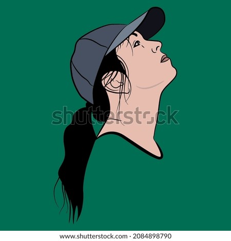 Female portrait. Raised up head in profile. Young Caucasian woman with ponytail in a baseball cap. Cartoon style. On green background.