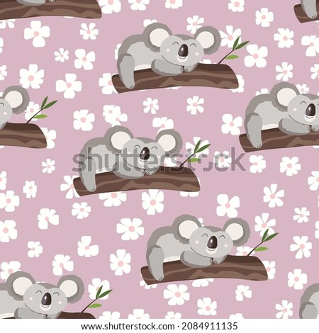 Seamless pattern with cute koala baby and flowers on color background. Funny australian animals. Flat vector illustration for fabric, textile, wallpaper, poster, paper.