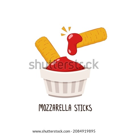 Mozzarella sticks vector. Mozzarella sticks on white background. Cheese stretch. Ketchup in white dip bowls. Tomato sauce. Royalty-Free Stock Photo #2084919895