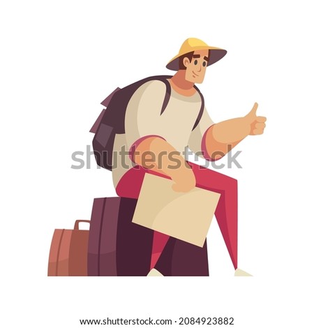 Hitchhiking autostop composition with doodle style character of traveling person vector illustration