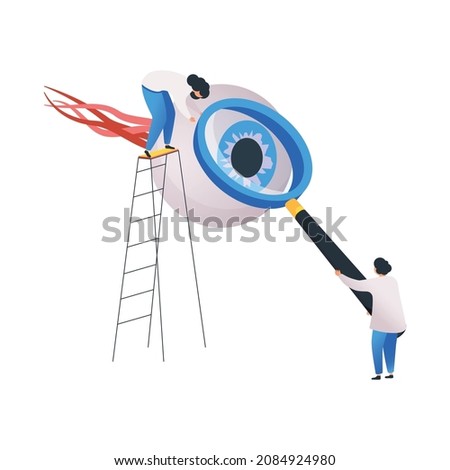 Medical center flat composition with small characters of doctors with magnifying glass touching human eye vector illustration