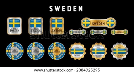 Made in Sweden Label, Stamp, Badge, or Logo. With The National Flag of Sweden. On platinum, gold, and silver colors. Premium and Luxury Emblem