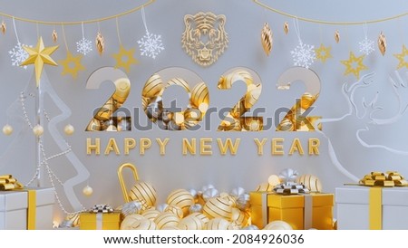 Happy New Year 2022. Hanging golden 3D numbers with ribbons and confetti on a defocused colorful, bokeh background, abstract