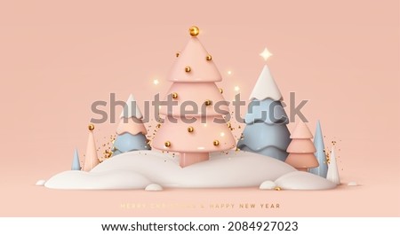 Christmas trees in snow drifts festive realistic 3d new year composition. Soft pastel color blue and pink white. Xmas minimal abstract background. Holiday greeting card, banner. Vector illustration