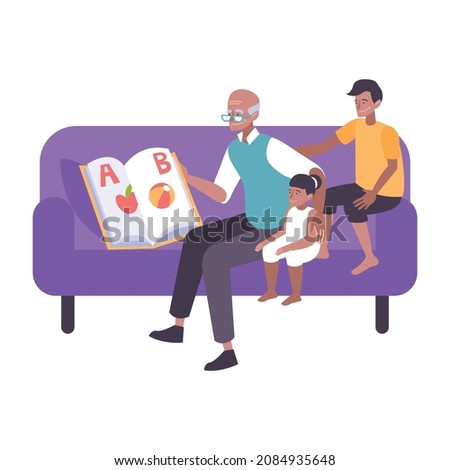Book people composition with isolated image of sofa with family members and grandfather reading alphabet book for kids vector illustration