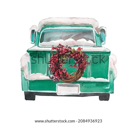 Beautiful hand painted Christmas design. Vintage car with Christmas wreath  illustration isolated on white background. Winter clipart for cards, invitations,posters,prints.