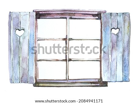 Watercolor hand painted countryside house window isolated on a white background. Rustic design.