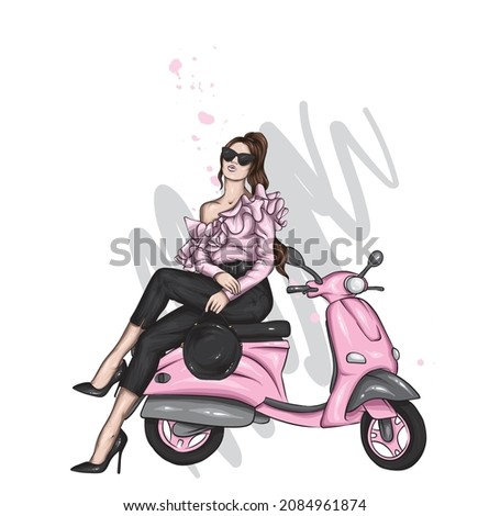 Beautiful girl on a cool motorcycle. Biker. Stylish woman in glasses and high heel shoes. Fashion and style, clothes and accessories. Vector illustration for a card or poster.
