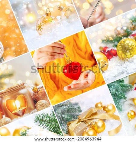 Collage with beautiful Christmas photos. Selective focus. New year.