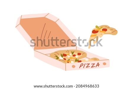 Pizza in cardboard box. Hot Italian fast food and slice with melting cheese. Open carton delivery package with takeaway fastfood pieces. Flat vector illustration isolated on white background