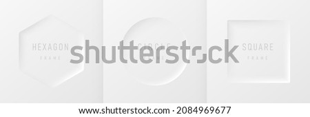 Set of realistic 3d geometric hexagon, circle and square frame on white background. Collection of Minimal frames background with copy space. Top view for product display. Vector illustration  Royalty-Free Stock Photo #2084969677