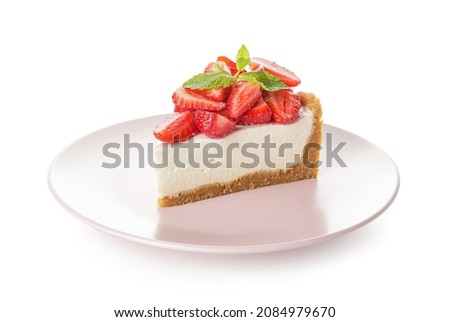 Tasty cheesecake with strawberry on white background Royalty-Free Stock Photo #2084979670
