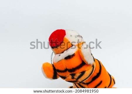 Toy striped cute tiger a symbol of the New year. soft orange toy tiger on a white isolated background.Copy space, closeup, selective focus. The concept of welcome to 2022.Back view.