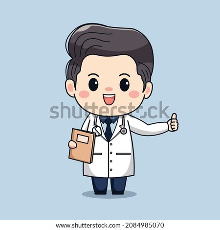 Illustration of cute male doctor holding book and thumb up. kawaii vector cartoon character design
