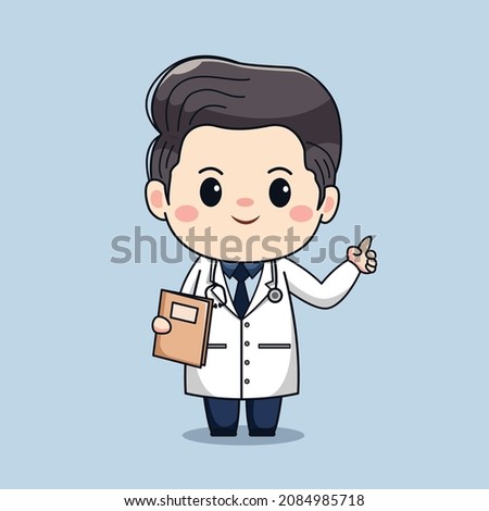Illustration of cute male doctor holding book and pointing finger. kawaii vector cartoon character design