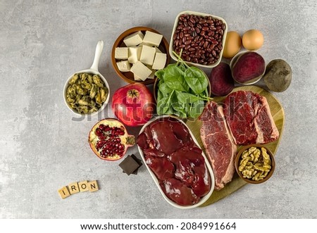 Healthy diet concept, mockup. Foods high in Iron, a great source for your health, nervous and endocrine system, organic ingredients.  Royalty-Free Stock Photo #2084991664