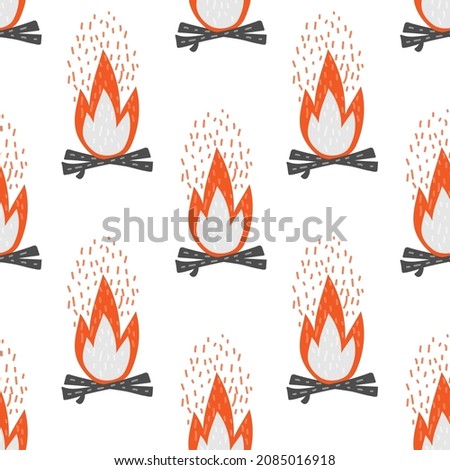 Cartoon bonefire seamless pattern. Black sticks or firewood burn in red fire. Burning wood. Vector hand drawn illustration for textile printing, wallpaper, Camping web banner, campsite cooking or BBQ.