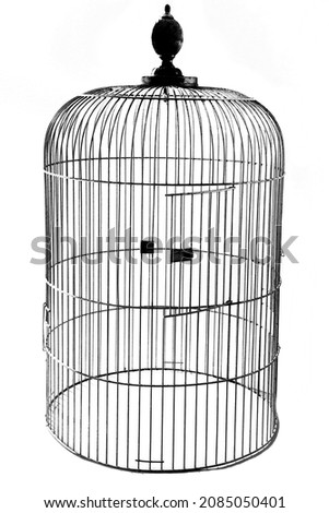 empty bird cage with open door isolated on a white background
