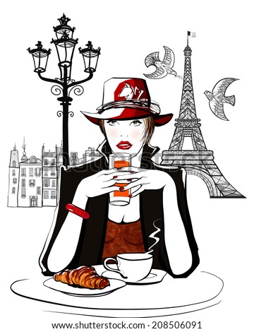 Paris - woman on holiday having breakfast at a terrace of an hotel - vector illustration